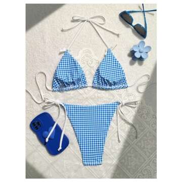 BEAUDRM Women's 2 Piece Y2K Gingham Print Bow Front Bikini Halter Tie Bikini Set Triangle Set Beachw...