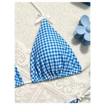 BEAUDRM Women's 2 Piece Y2K Gingham Print Bow Front Bikini Halter Tie Bikini Set Triangle Set Beachwear Swimsuit Bathing Suit Blue Medium
