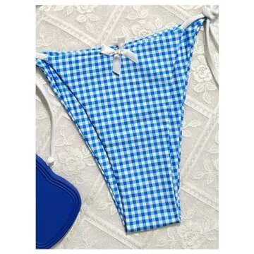 BEAUDRM Women's 2 Piece Y2K Gingham Print Bow Front Bikini Halter Tie Bikini Set Triangle Set Beachwear Swimsuit Bathing Suit Blue Medium