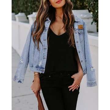 ZOLUCKY Jean Distressed Jacket Women Blue Jean Jacket for Women Denim Distressed Jean Jacket Stretch Light Blue,L