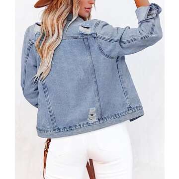 ZOLUCKY Jean Distressed Jacket Women Blue Jean Jacket for Women Denim Distressed Jean Jacket Stretch Light Blue,L