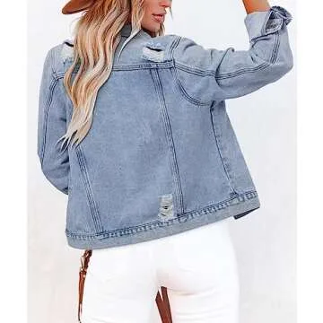 ZOLUCKY Jean Distressed Jacket Women Blue Jean Jacket for Women Denim Distressed Jean Jacket Stretch Light Blue,L