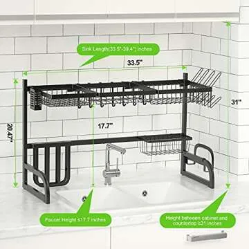 Over The Sink Dish Drying Rack, 2 Tier Adjustable Length Dish Rack (33.5"-39.4") Kitchen Sink Organizer Storage Rack, Dish Drying Rack for Organizer Home Kitchen Counter Space Saver (Black)