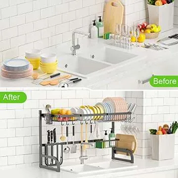 Over The Sink Dish Drying Rack, 2 Tier Adjustable Length Dish Rack (33.5"-39.4") Kitchen Sink Organizer Storage Rack, Dish Drying Rack for Organizer Home Kitchen Counter Space Saver (Black)