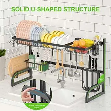 Over The Sink Dish Drying Rack, 2 Tier Adjustable Length Dish Rack (33.5"-39.4") Kitchen Sink Organizer Storage Rack, Dish Drying Rack for Organizer Home Kitchen Counter Space Saver (Black)