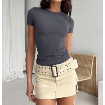 LEEDYA Women Basic Plain t Shirt Bustier Gym Crop Tops Short Sleeve Elegant Blouse Tee Top 2024 Deep Grey S