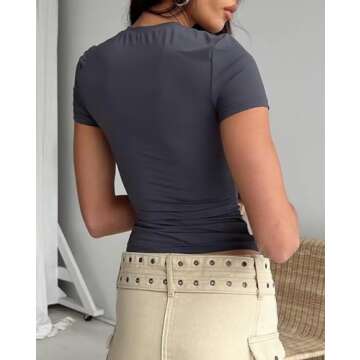LEEDYA Women Basic Plain t Shirt Bustier Gym Crop Tops Short Sleeve Elegant Blouse Tee Top 2024 Deep Grey S