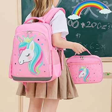 Octsky Unicorn Backpack for Girls, Kids Preschool Backpacks Cute Lightweight With Chest Strap and Lunchbox (Unicorn-Pink)