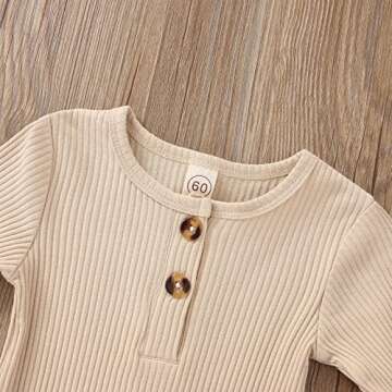 Infant Boys Girls Clothes Set Newborn Baby Romper Hat Ribbed Knit Long Sleeve Button Solid Bodysuit Jumpsuit (Beige, 0-3 Months)