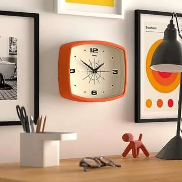 JONES CLOCKS® Movie Wall Clock | Retro Rectangular Clock | 10 inch | Orange | Cool Designer Look for Kitchen, Living Room or Office