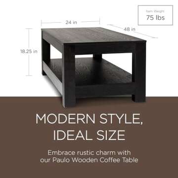 Maven Lane Paulo Large 2 Tier Rustic Rectangle Wooden Center Coffee Table with Shelf Storage for Living Room in Weathered Black Finish
