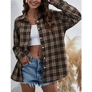 HangNiFang Flannel Shirts for Women Oversized Coffee Plaid Shirts Blouse Tops(0368-Coffee-L)