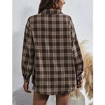 HangNiFang Flannel Shirts for Women Oversized Coffee Plaid Shirts Blouse Tops(0368-Coffee-L)