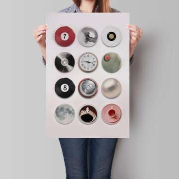 Colorful Vintage Disco Ball Canvas Wall Art, Retro 8 Ball Lucky 7 Ball Poster, Trendy Music Record Paiting, Funky Aesthetic Moon Coffee Cup Prints For Apartment Dorm wall Decor 12x16in Unframed