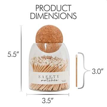 Decorative White Safety Wooden Match Holder | Cute Glass Bottle Jar for Lighting Candles | Premium Long 3” Bulk Long Matchsticks | 135 Matches in Cloche with Striker | Home Decor Family Room