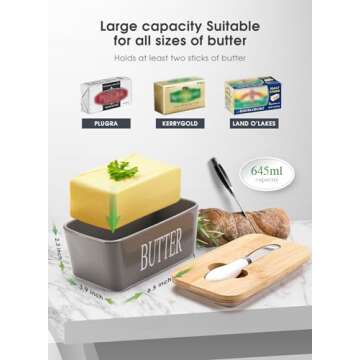 Butter Dish with Lid, Home Decor, Large Butter Dish for Countertop Ceramic Butter Keeper Container with Knife and High-Quality Silicone Sealing Butter Dish Good Kitchen Gift Grey