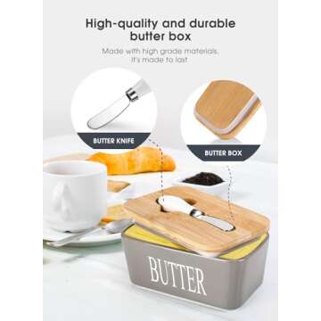 Butter Dish with Lid, Home Decor, Large Butter Dish for Countertop Ceramic Butter Keeper Container with Knife and High-Quality Silicone Sealing Butter Dish Good Kitchen Gift Grey