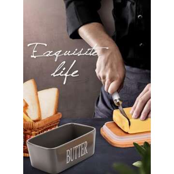 Butter Dish with Lid, Home Decor, Large Butter Dish for Countertop Ceramic Butter Keeper Container with Knife and High-Quality Silicone Sealing Butter Dish Good Kitchen Gift Grey