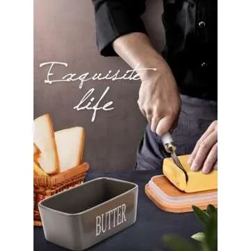 Butter Dish with Lid, Home Decor, Large Butter Dish for Countertop Ceramic Butter Keeper Container with Knife and High-Quality Silicone Sealing Butter Dish Good Kitchen Gift Grey