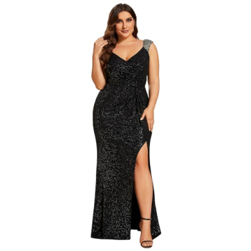 Ever-Pretty V-Neck High Slit Glitter Bodycon Plus Size Ball Gowns Formal Evening Dresses for Curvy W...