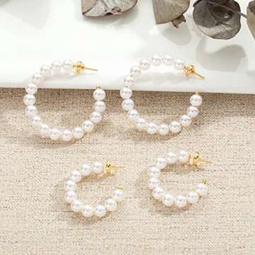 MOROTOLE Pearl Hoop Earrings for Women Small Pearl Hoop Earrings,Gold Plated Lightweight Open Large Circle Round Pearl Earrings Jewelry Birthday Gift for Women