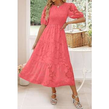 ZESICA Women's Summer Short Puff Sleeve Crewneck Smocked Floral Lace Flowy A Line Tiered Maxi Dresse...