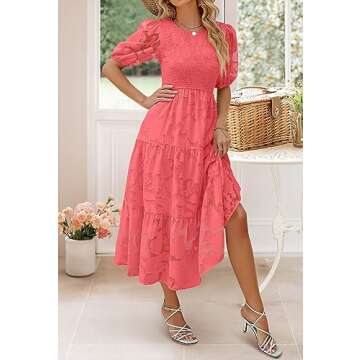 ZESICA Women's Summer Short Puff Sleeve Crewneck Smocked Floral Lace Flowy A Line Tiered Maxi Dresses,Watermelon,X-Large