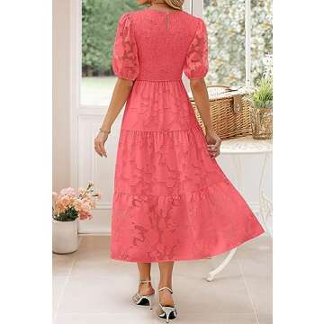 ZESICA Women's Summer Short Puff Sleeve Crewneck Smocked Floral Lace Flowy A Line Tiered Maxi Dresses,Watermelon,X-Large