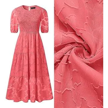 ZESICA Women's Summer Short Puff Sleeve Crewneck Smocked Floral Lace Flowy A Line Tiered Maxi Dresses,Watermelon,X-Large