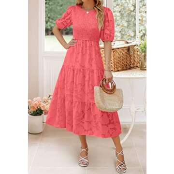 ZESICA Women's Summer Short Puff Sleeve Crewneck Smocked Floral Lace Flowy A Line Tiered Maxi Dresses,Watermelon,X-Large
