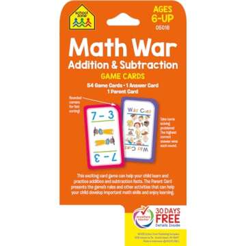 School Zone - Math War Addition & Subtraction Game Cards - Ages 6 and Up, Kindergarten, 1st Grade, 2...