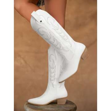 SHIBEVER Women's Cowgirl Boots Knee-High: Metallic White Zip Up Style