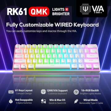 RK ROYAL KLUDGE RK61 Wired 60% Mechanical Gaming Keyboard - Compact RGB Backlit