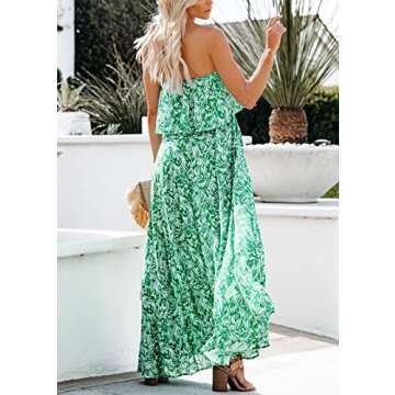 Yissang Women's Summer Strapless Floral Ruffle Front Split Boho Beach Long Maxi Dress Green Small