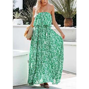 Yissang Women's Summer Strapless Floral Ruffle Front Split Boho Beach Long Maxi Dress Green Small