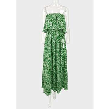 Yissang Women's Summer Strapless Floral Ruffle Front Split Boho Beach Long Maxi Dress Green Small