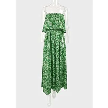 Yissang Women's Summer Strapless Floral Ruffle Front Split Boho Beach Long Maxi Dress Green Small