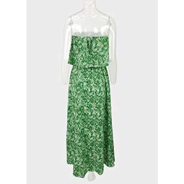 Yissang Women's Summer Strapless Floral Ruffle Front Split Boho Beach Long Maxi Dress Green Small
