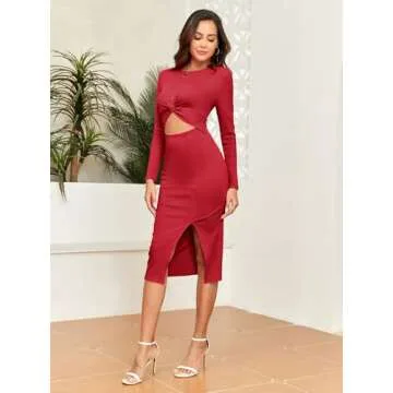 oten Women's Hollow Out Bodycon Midi Dress Crewneck Long Sleeve Twist Front High Slit Slim Fit Party Club Dresses Red Medium