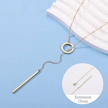 MMXX Lariat Necklace for Women Circle Bar Y necklace Dainty Long Gold Necklaces for Women 14k Gold Plated Drop Necklace CZ Pendant Diamond Choker Trendy Jewelry Gifts for Women Wedding (Style B2)
