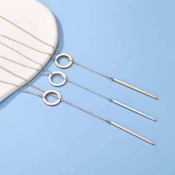 MMXX Lariat Necklace for Women Circle Bar Y necklace Dainty Long Gold Necklaces for Women 14k Gold Plated Drop Necklace CZ Pendant Diamond Choker Trendy Jewelry Gifts for Women Wedding (Style B2)