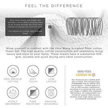 Vera Wang - Bath Towels Set, Luxury Cotton Bathroom Decor, Highly Absorbent & Medium Weight, Oeko-Tex Certified (Sculpted Pleat White, 6 Piece)