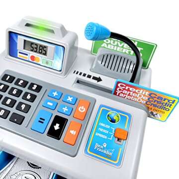 Dr. STEM Toys | Talking Toy Cash Register | STEM Learning 69 Piece Pretend Store with 3 Languages, Paging Microphone, Credit Card, Bank Card, Play Money and Banking for Kids, Silver