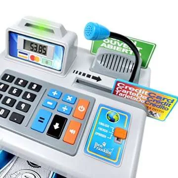 Dr. STEM Toys | Talking Toy Cash Register | STEM Learning 69 Piece Pretend Store with 3 Languages, Paging Microphone, Credit Card, Bank Card, Play Money and Banking for Kids, Silver