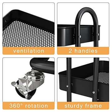 4-Tier Rolling Cart, HERJOY Metal Utility Cart with Lockable Wheels, Storage Craft Art Cart Organizer Trolley Serving Cart Easy Assembly for Kitchen, Bathroom, Living Room, Office