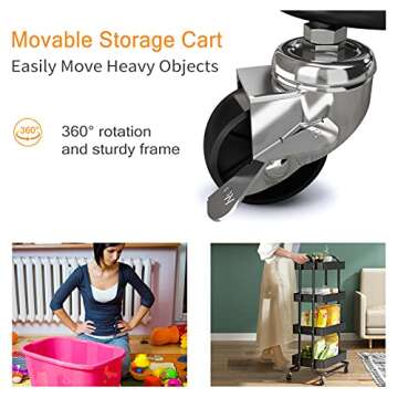 4-Tier Rolling Cart, HERJOY Metal Utility Cart with Lockable Wheels, Storage Craft Art Cart Organizer Trolley Serving Cart Easy Assembly for Kitchen, Bathroom, Living Room, Office