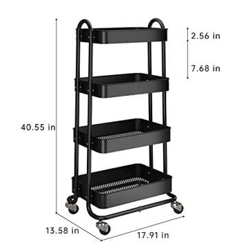 4-Tier Rolling Cart, HERJOY Metal Utility Cart with Lockable Wheels, Storage Craft Art Cart Organizer Trolley Serving Cart Easy Assembly for Kitchen, Bathroom, Living Room, Office