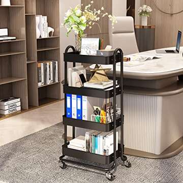 4-Tier Rolling Cart, HERJOY Metal Utility Cart with Lockable Wheels, Storage Craft Art Cart Organizer Trolley Serving Cart Easy Assembly for Kitchen, Bathroom, Living Room, Office