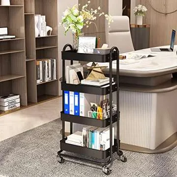 4-Tier Rolling Cart, HERJOY Metal Utility Cart with Lockable Wheels, Storage Craft Art Cart Organizer Trolley Serving Cart Easy Assembly for Kitchen, Bathroom, Living Room, Office