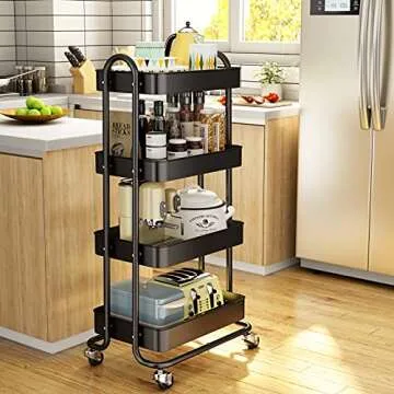4-Tier Rolling Cart, HERJOY Metal Utility Cart with Lockable Wheels, Storage Craft Art Cart Organizer Trolley Serving Cart Easy Assembly for Kitchen, Bathroom, Living Room, Office